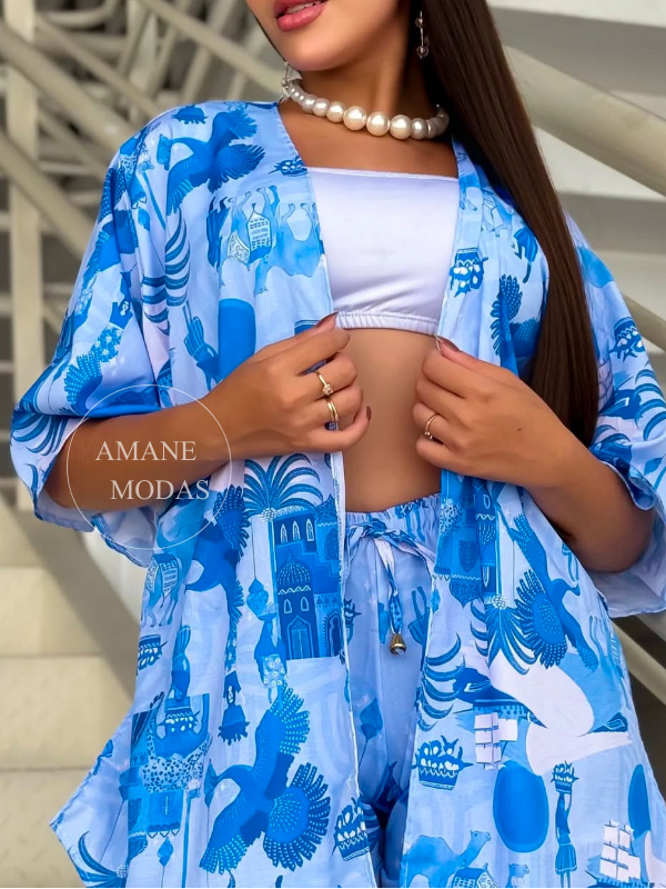 CONJUNTO KIMONO + SHORTINHO - AZUL TROPICAL